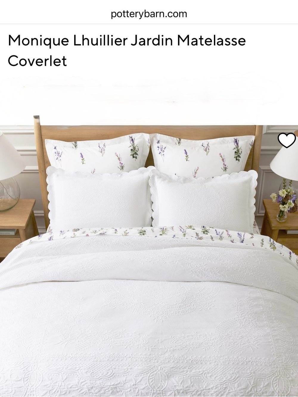 Monique Lhuillier White Matelassé Coverlet with Lavender Sprig Trim